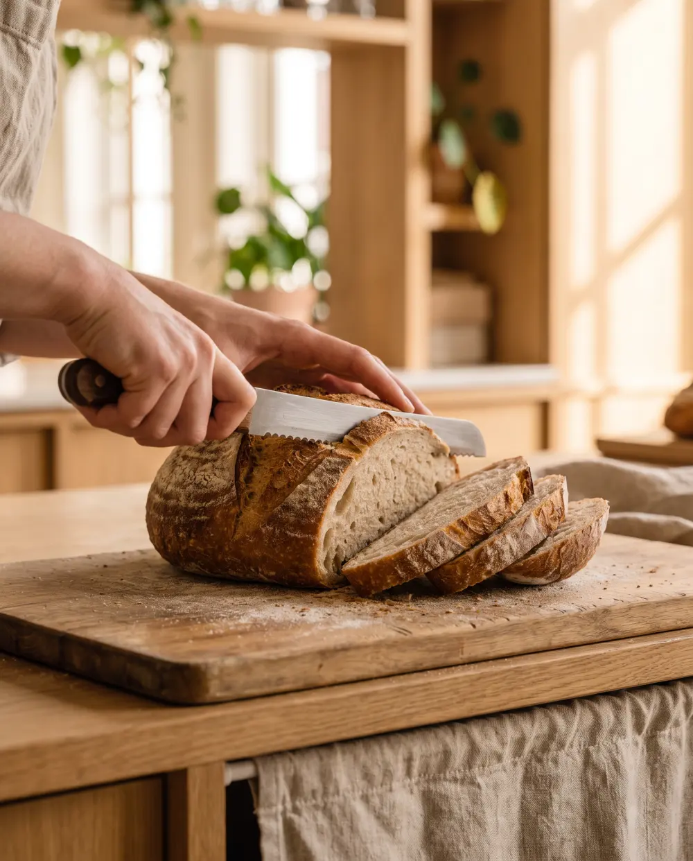 Handen snijden een vers desembrood op een houten plank