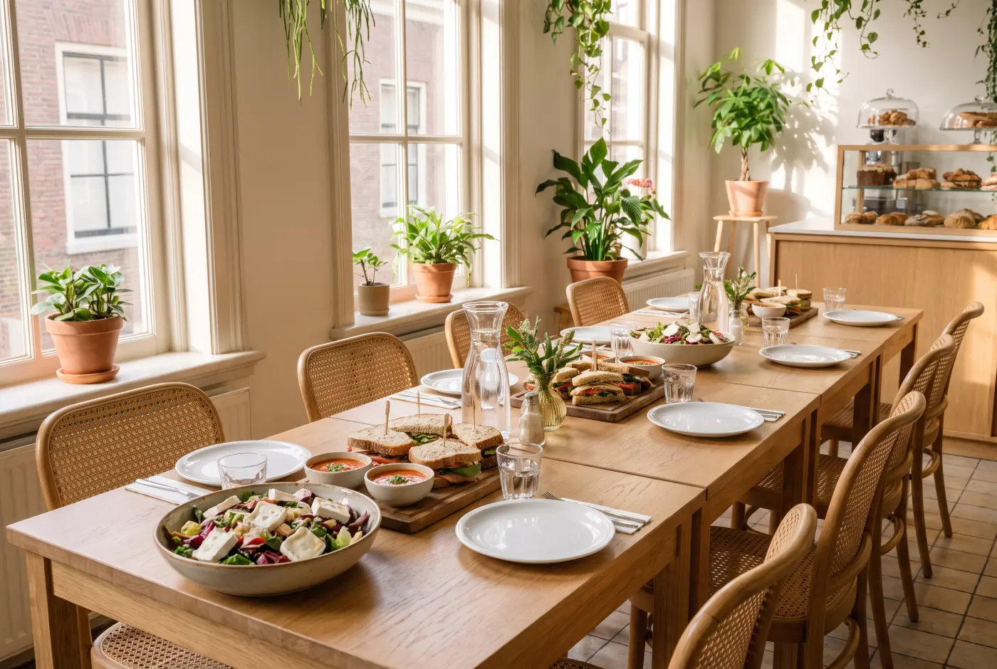 Een lange gedekte tafel met broodjes, tomatensoep en salade voor een groepslunch