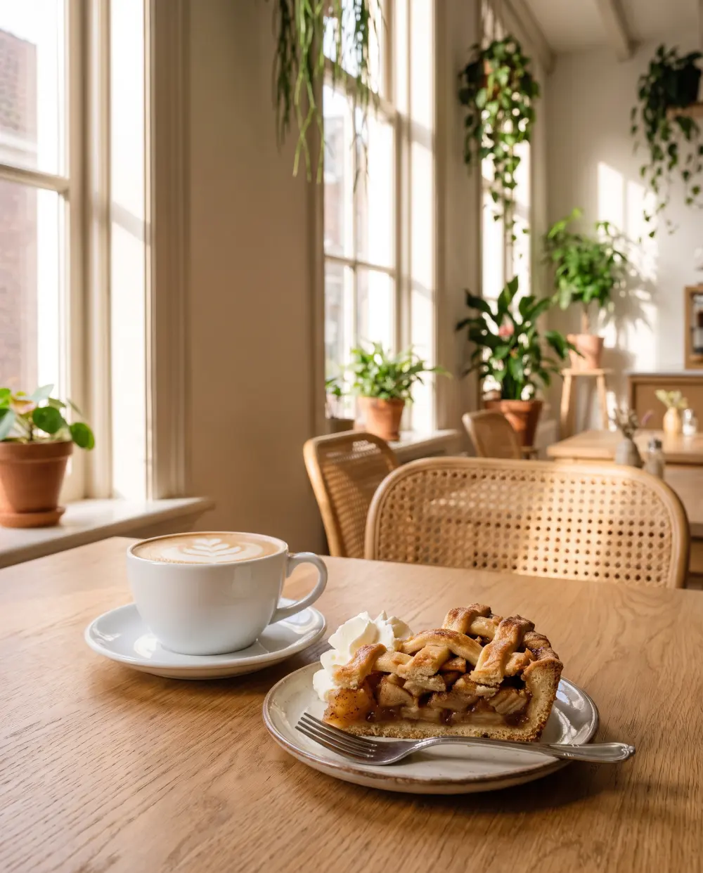 Een cappuccino en een punt appeltaart met slagroom
