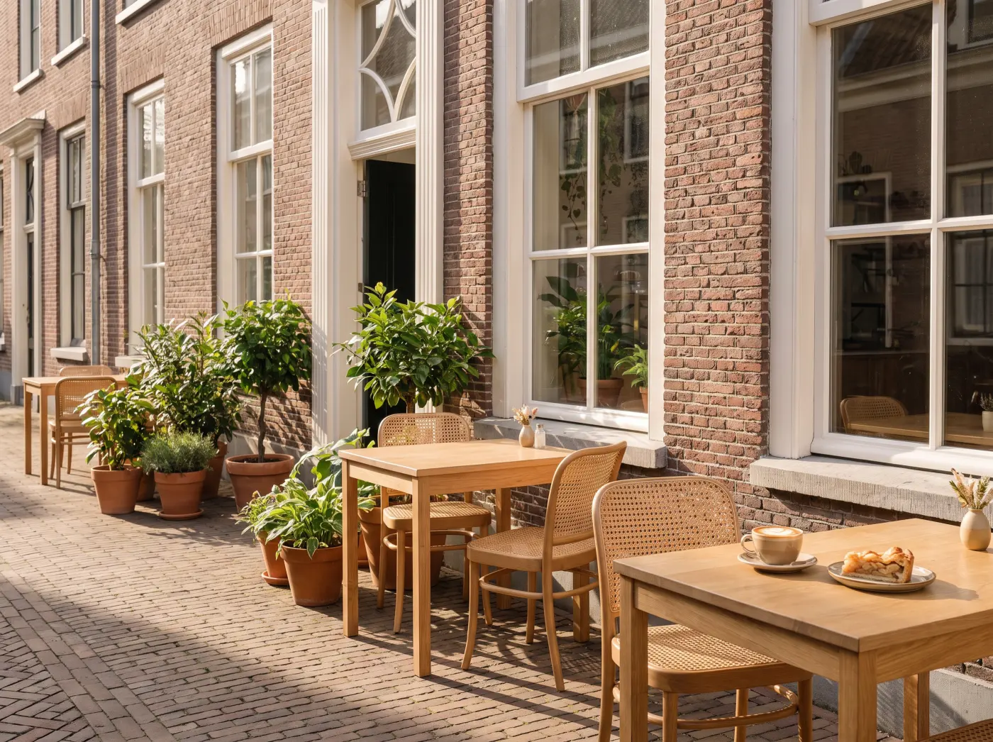 Het terras voor de deur met tafeltjes in de zon