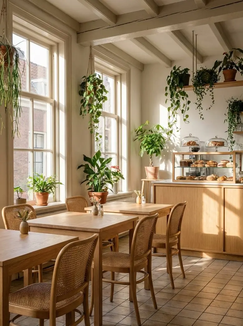 De lunchroom binnen: hoge ramen, houten tafels en veel planten